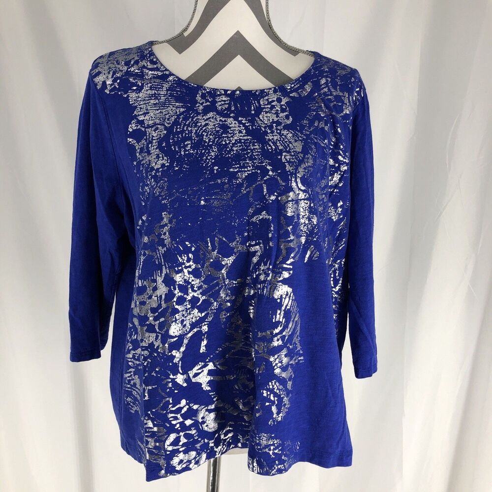 Zenergy By Chicos Top Women 3 Blue Silver Stretch 3/4 Sleeves